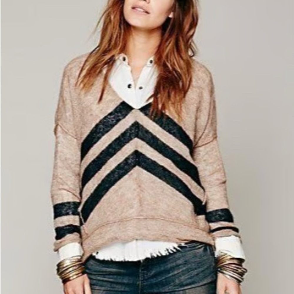 Free People Beige V-Neck Sweater with Black Chevron Stripes